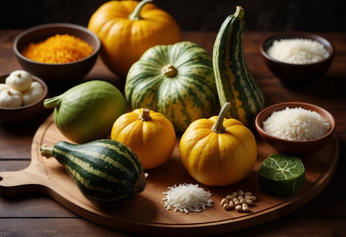 Bitter gourds and various Chinese cooking ingredients arranged on a wooden cutting board