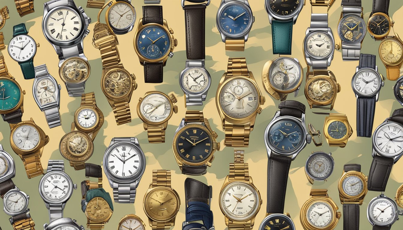 A display of vintage watch brands, arranged in a collection with character