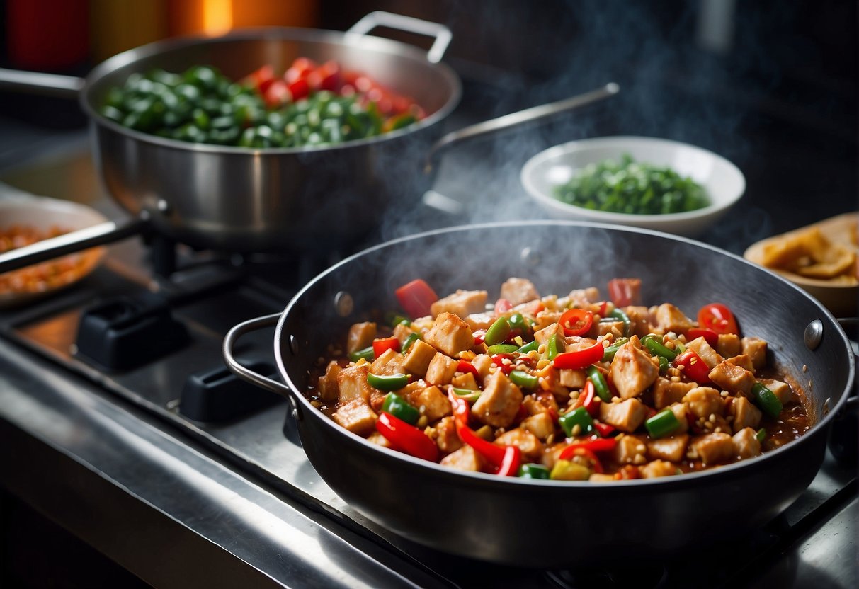 A wok sizzles with diced chicken, chili peppers, and Szechuan sauce. Steam rises as the ingredients are tossed together, creating a spicy and aromatic dish