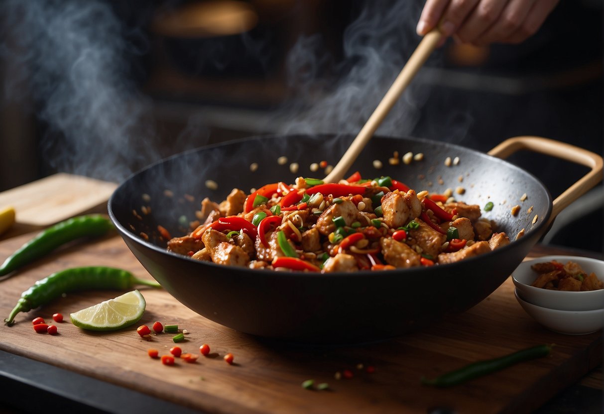 A sizzling wok cooks diced chicken, chili peppers, and Szechuan peppercorns in a fragrant sauce, filling the air with spicy aromas