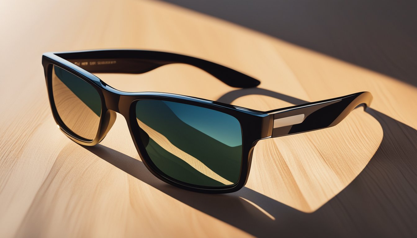 A sleek pair of branded men's sunglasses sits on a polished wooden surface, catching the light and casting a stylish shadow
