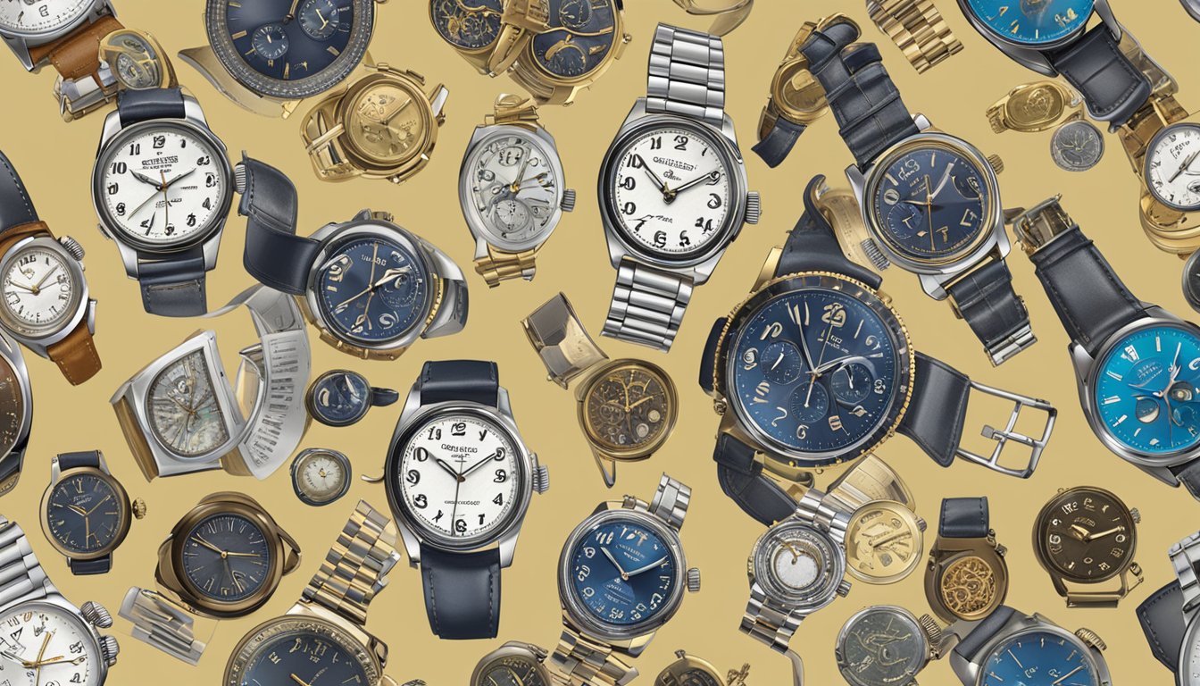 A display of vintage watch brands with price tags and a "Frequently Asked Questions" sign