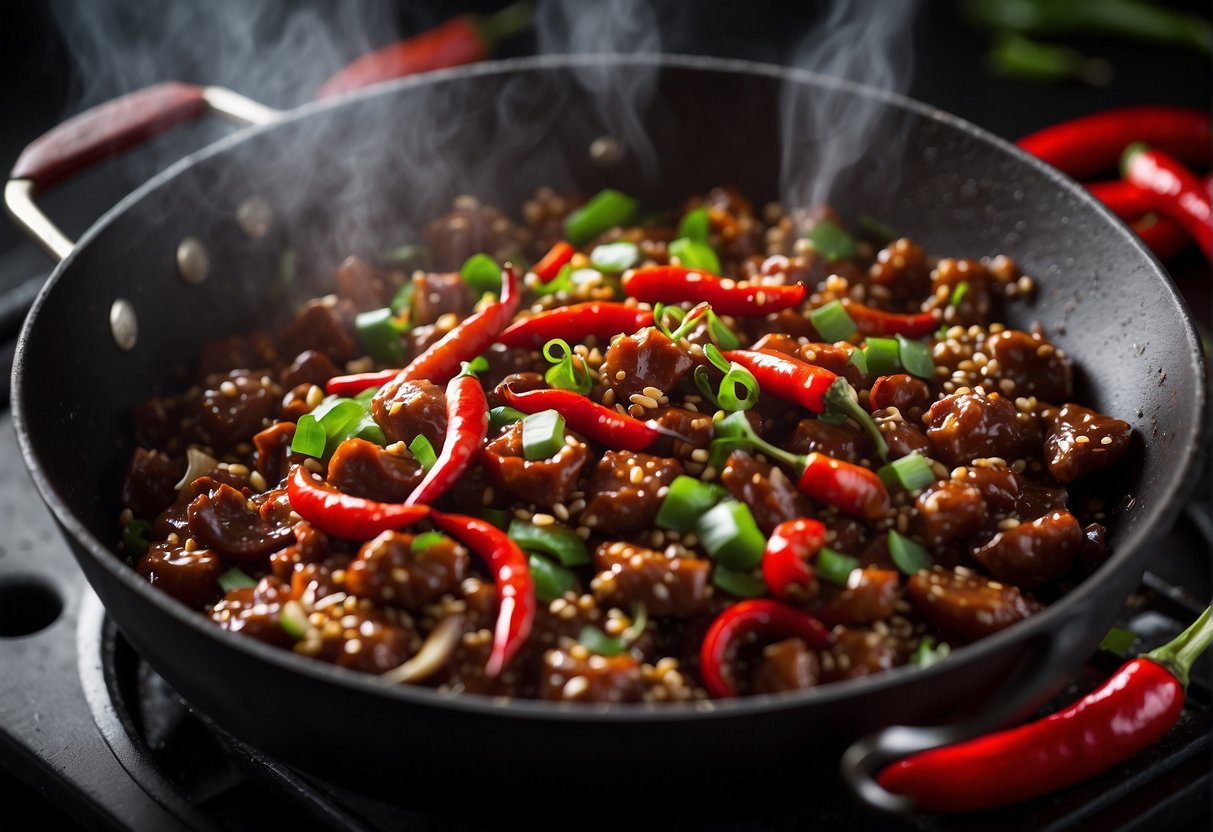 A steaming wok sizzling with spicy Szechuan sauce, surrounded by vibrant red chili peppers, garlic cloves, and fragrant Szechuan peppercorns
