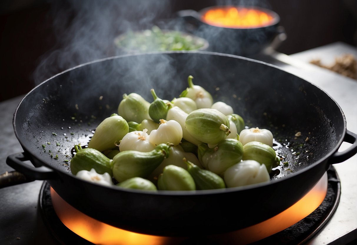 Sizzling bitter gourd in a wok with garlic, soy sauce, and sugar. Steam rising, aroma filling the air