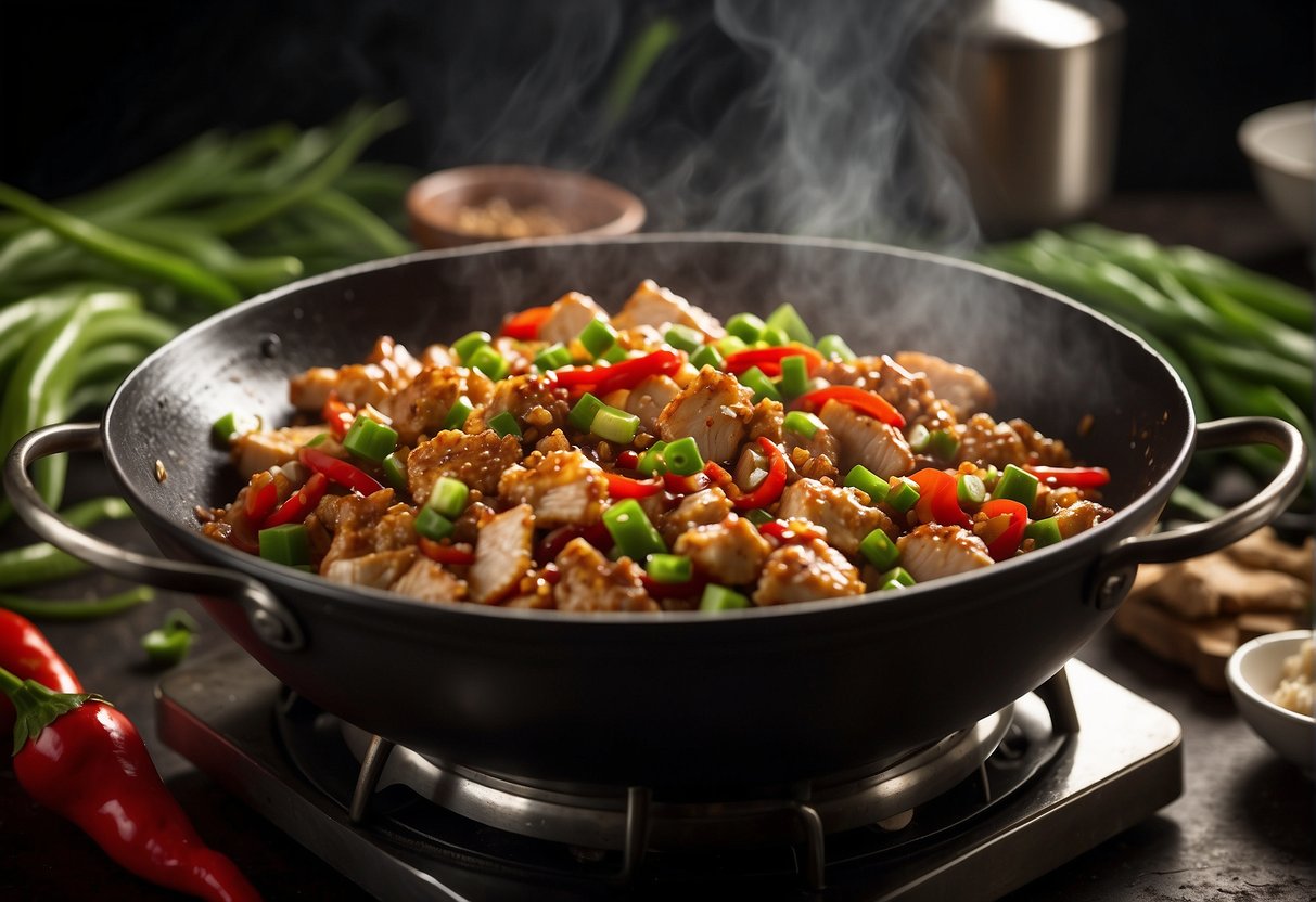 A wok sizzling with diced chicken, red chili peppers, and Szechuan peppercorns, surrounded by ginger, garlic, and green onions. Soy sauce and sugar being sprinkled in