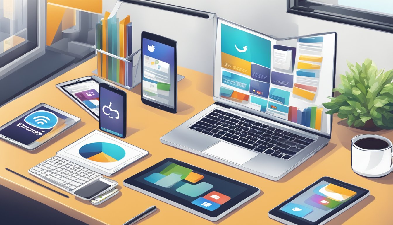 A laptop, smartphone, and tablet arranged on a desk with a modern office backdrop, showcasing various social media platforms and a personal website