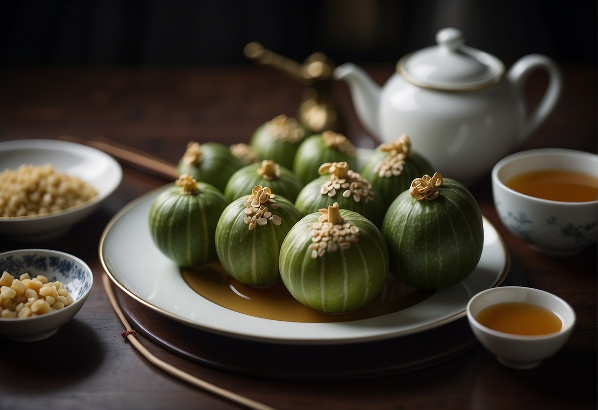 A chef serves a Chinese bitter gourd dish on a white plate with chopsticks. A teapot and cups sit nearby
