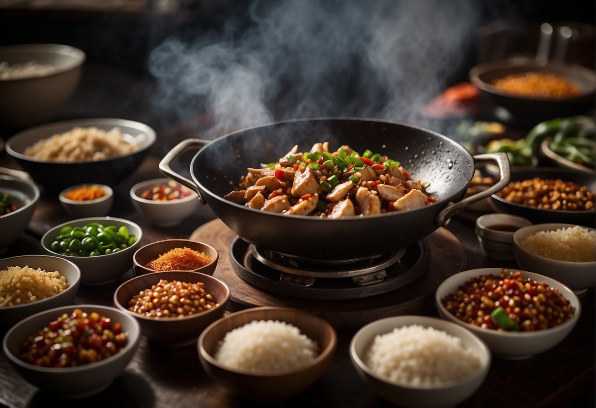 A wok sizzling with marinated chicken, ginger, garlic, and Szechuan peppercorns, surrounded by bowls of soy sauce, sugar, and chili paste