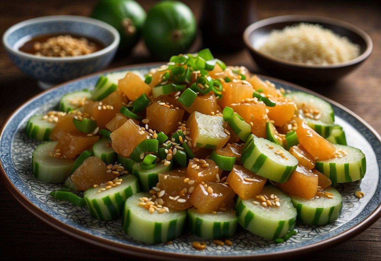 A platter of sliced bitter melon stir-fry with garlic and soy sauce, garnished with sesame seeds and green onions, arranged on a traditional Chinese serving dish