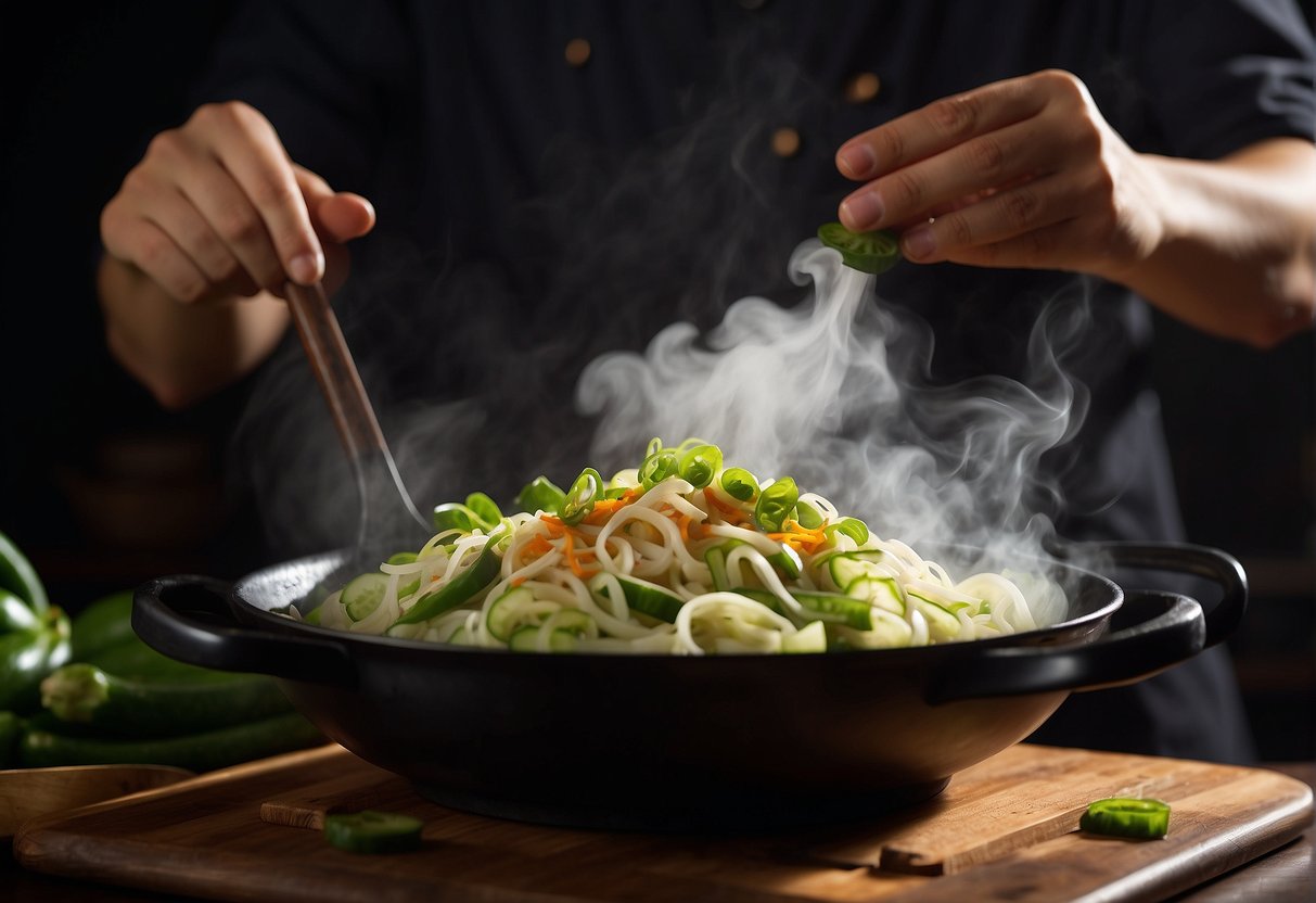 A steaming wok sizzles with sliced bitter gourd, garlic, and soy sauce. A chef's hand tosses the ingredients, filling the air with savory aromas