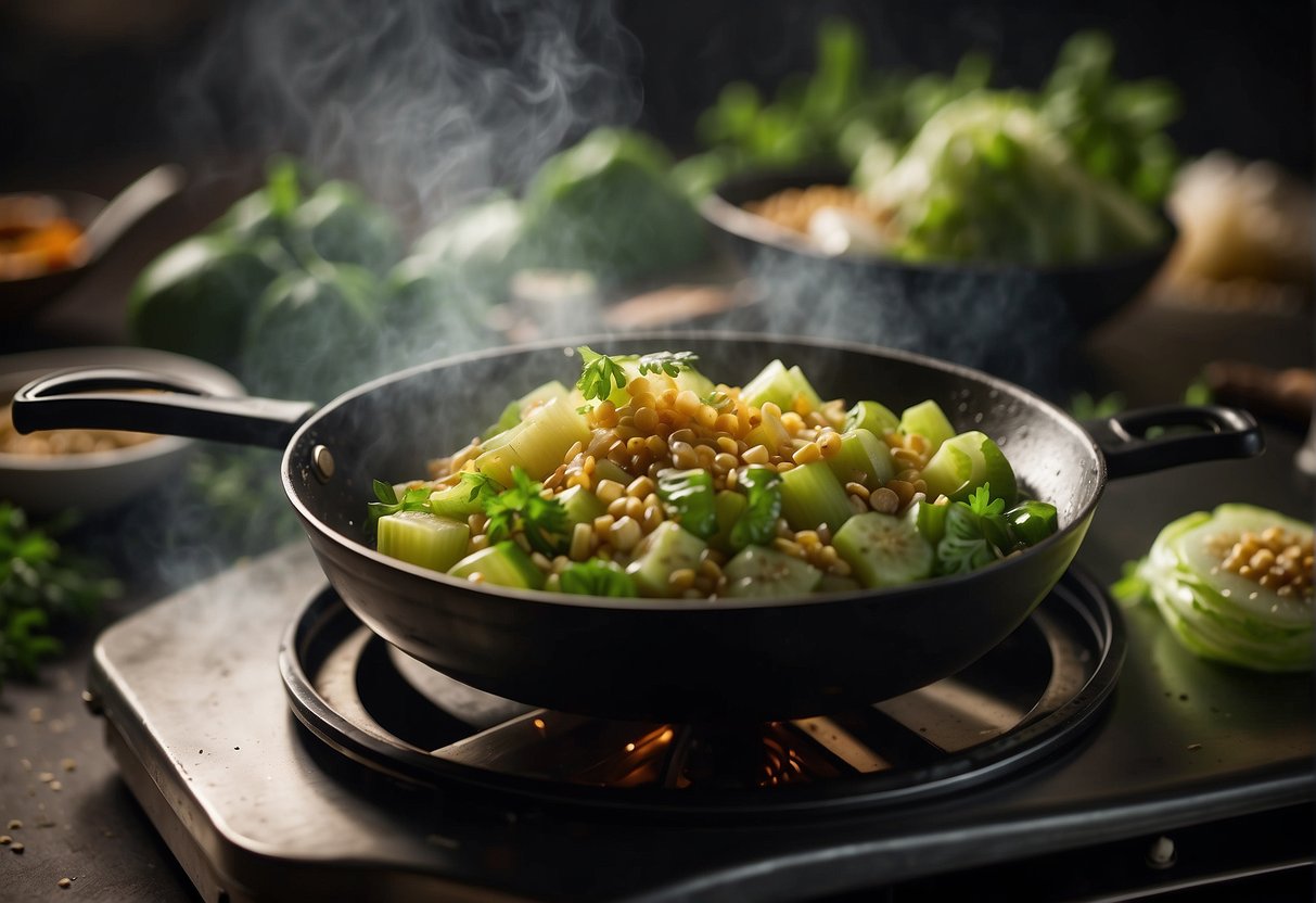 A wok sizzles with bitter melon, garlic, and soy sauce. Steam rises as the ingredients are tossed together, creating a savory Chinese dish