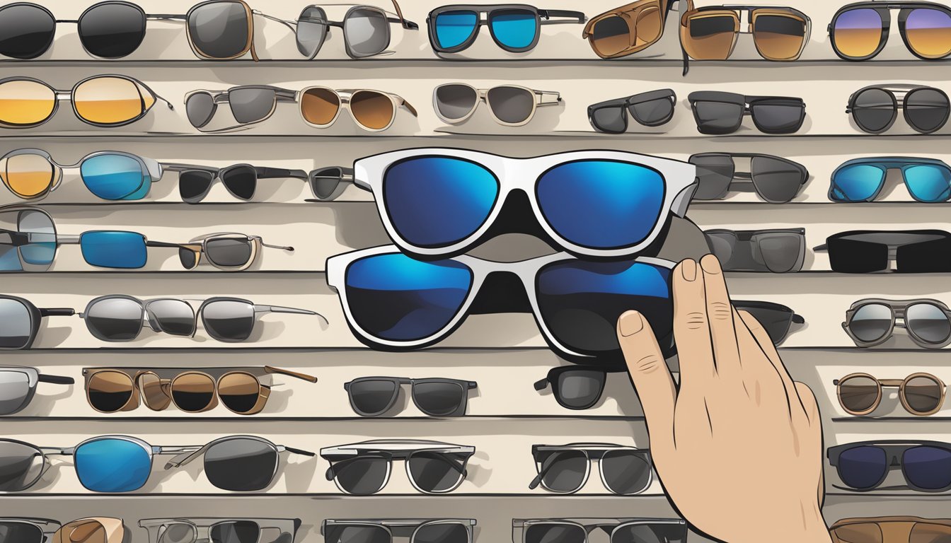 A man's hand reaching for a display of branded shades for men, with various styles and colors to choose from