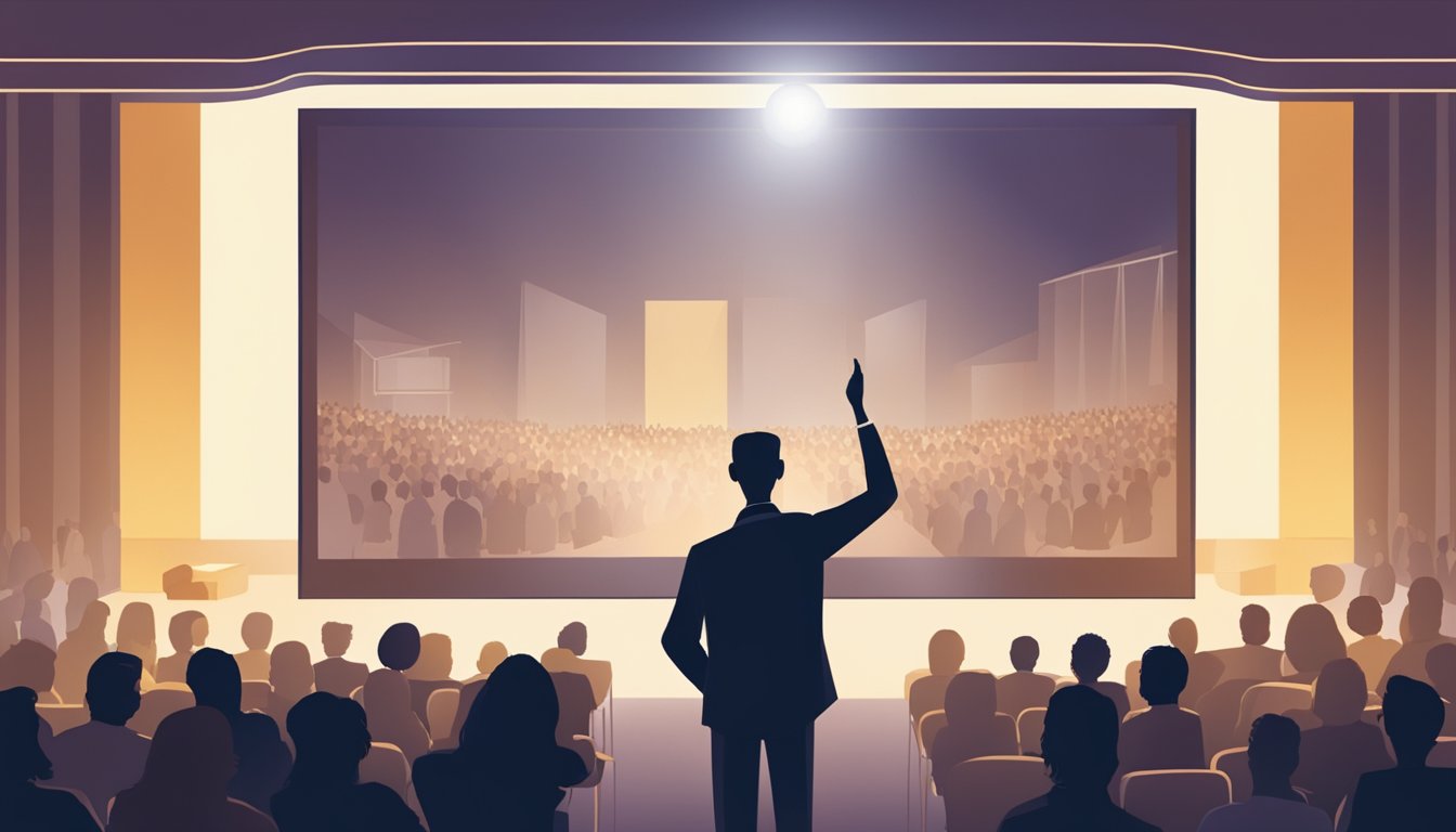 A person standing in front of a large audience, confidently presenting a slideshow of their work and achievements. A spotlight shines on them, emphasizing their expertise
