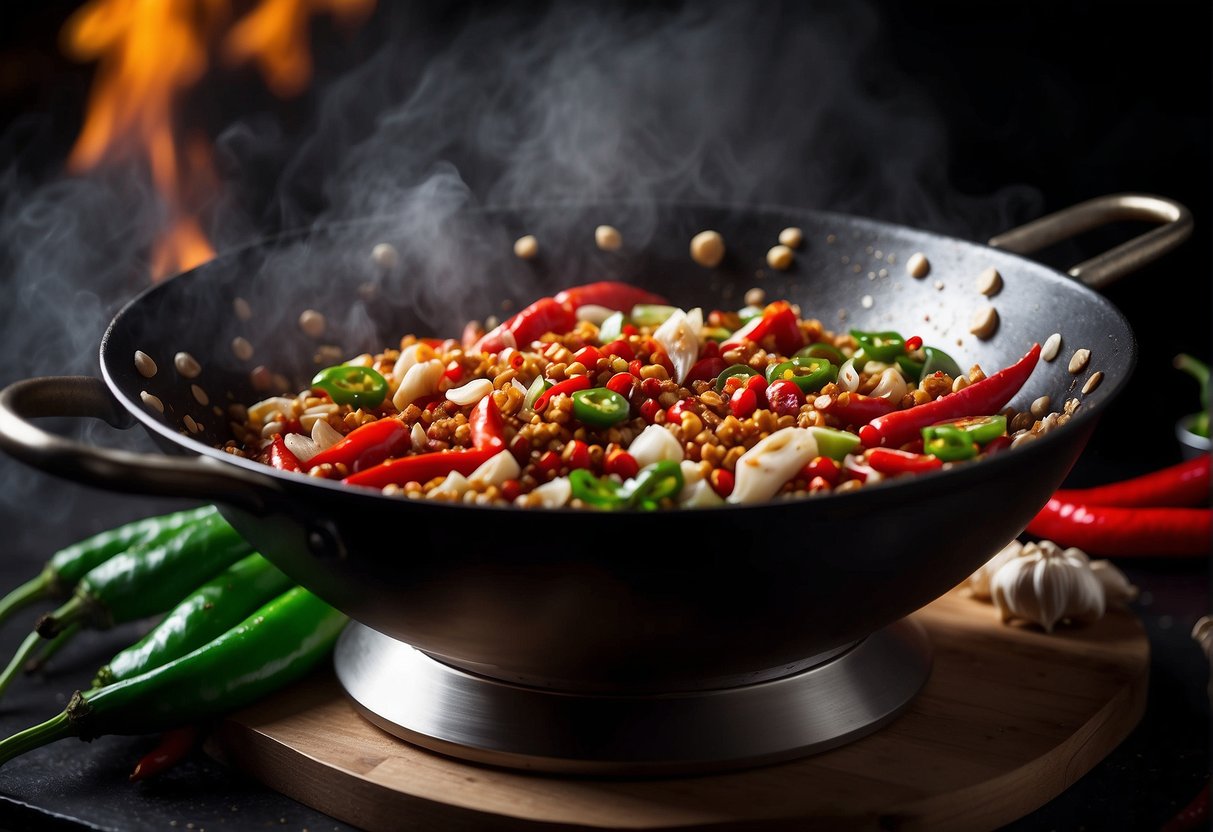 A wok sizzling with spicy Szechuan ingredients, surrounded by vibrant red chili peppers, garlic, and Szechuan peppercorns. A cloud of steam rises as the flavors meld together