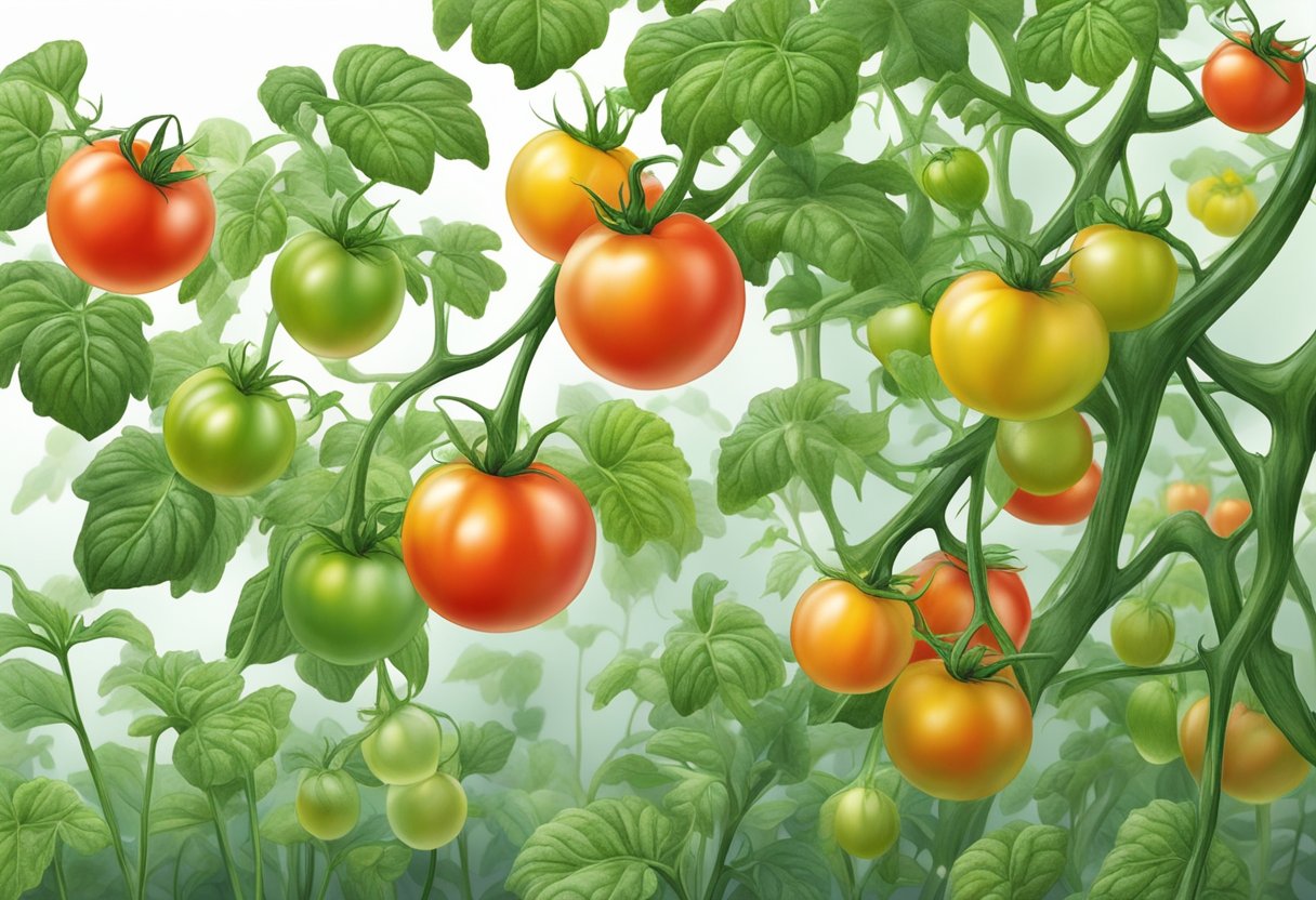 Tomato plants sprayed with antifungal solution, white fungus disappearing