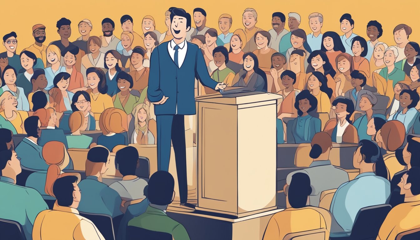 A person standing on a stage, speaking to a diverse audience with enthusiasm and confidence. The audience is engaged, nodding, and smiling, showing their interest in the speaker's message