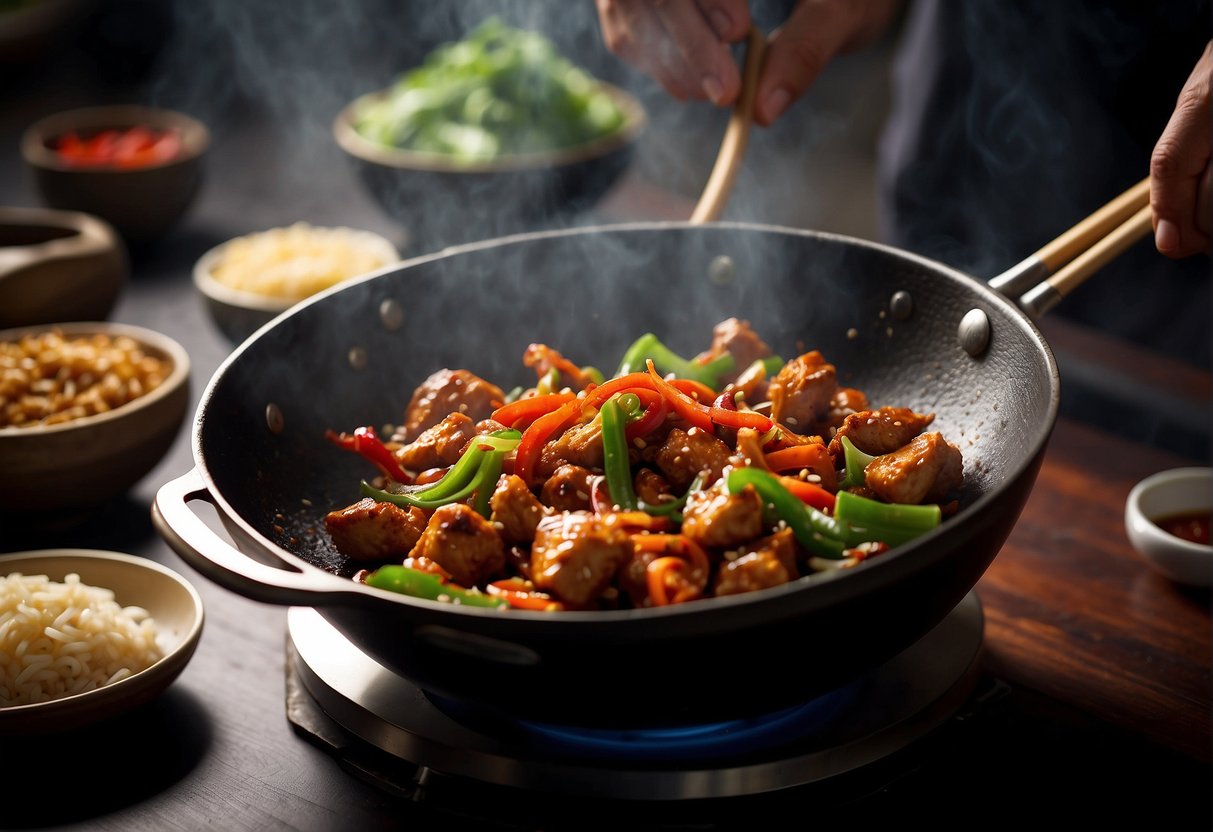 Sizzling wok with spicy Szechuan chicken, stir-frying in a fragrant blend of garlic, ginger, and chili peppers