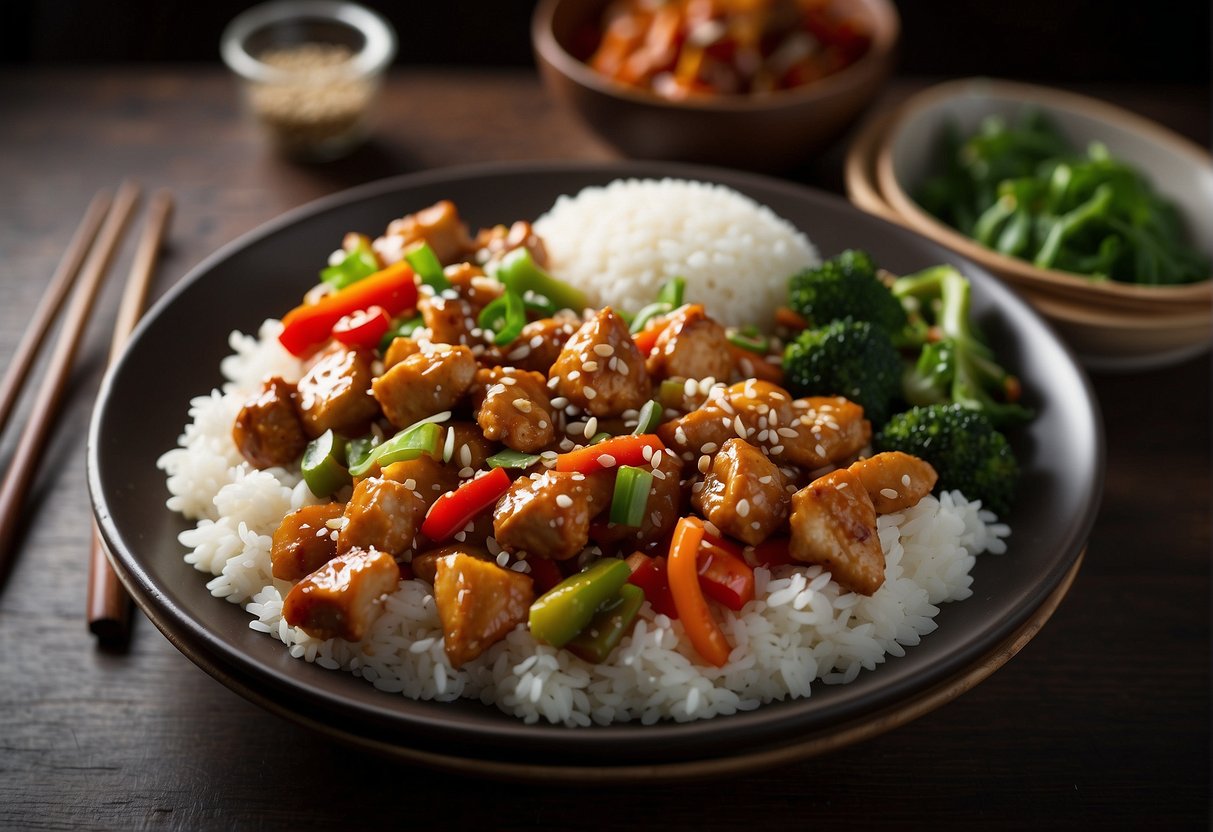 A plate of szechuan chicken with colorful stir-fried vegetables and steamed rice, garnished with sesame seeds and green onions