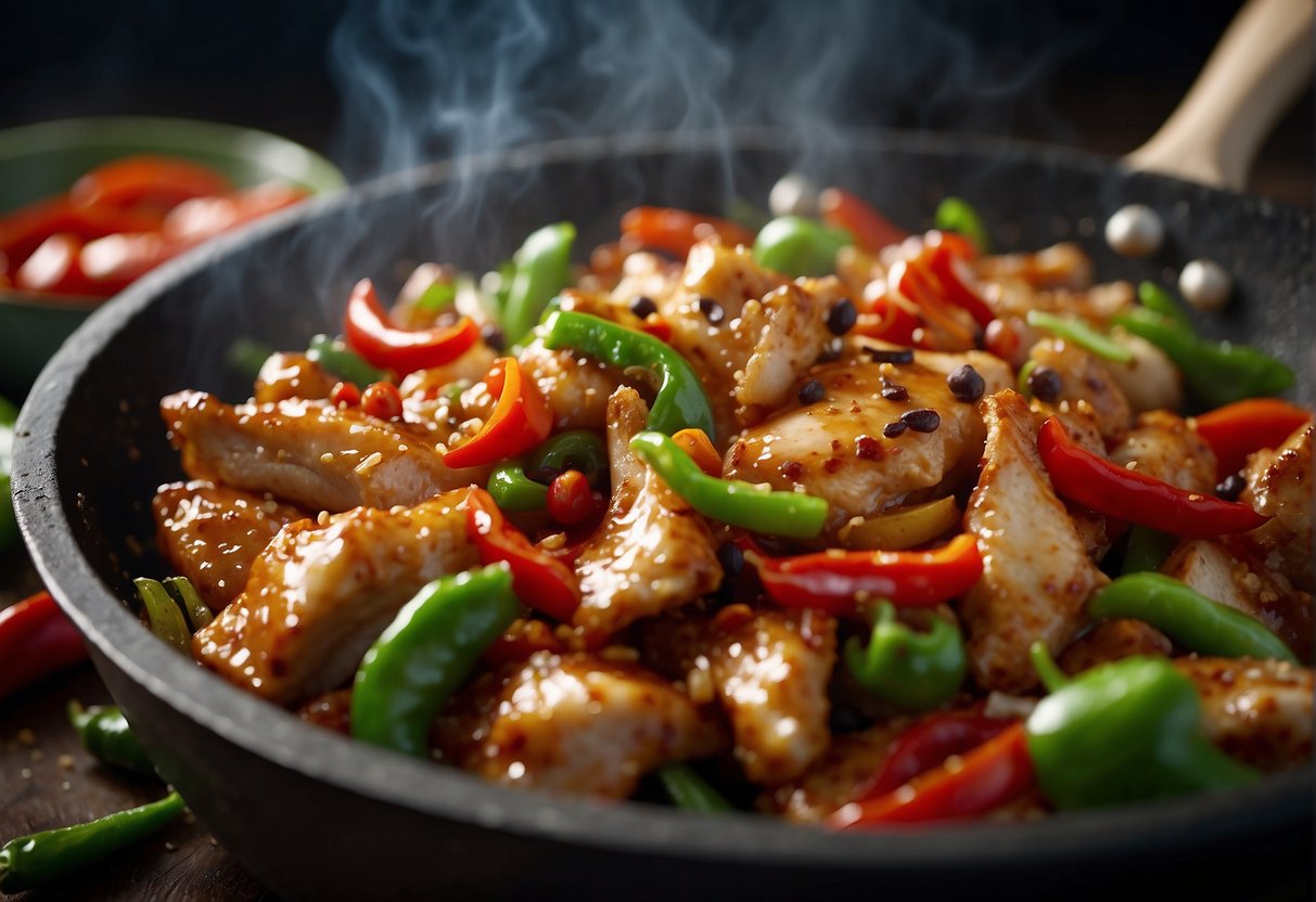 A sizzling wok stir-frying marinated chicken, chili peppers, and Szechuan peppercorns. Aromatic steam rises as the ingredients are tossed together in a fiery sauce