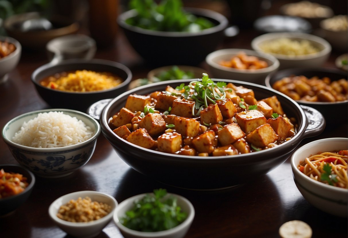 A table is filled with vibrant and aromatic Szechuan dishes, including mapo tofu, kung pao chicken, and spicy Szechuan noodles