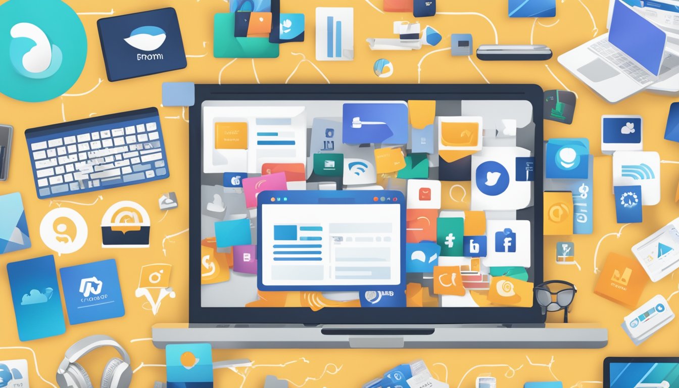 A laptop surrounded by various personal branding elements like logos, business cards, and social media icons