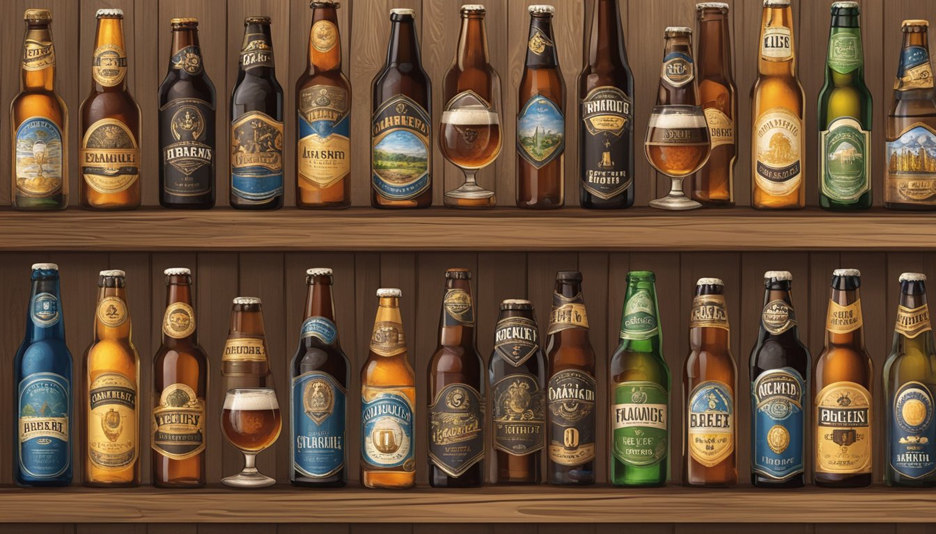 Various ale beer brands displayed on a rustic wooden bar, with frothy glasses and unique bottle labels