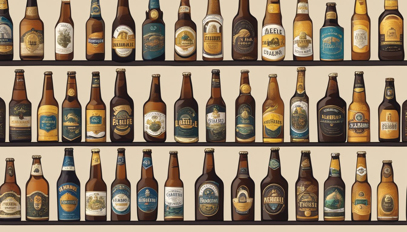 A timeline of ale beer brands, from ancient to modern, displayed on a wall with labels and illustrations