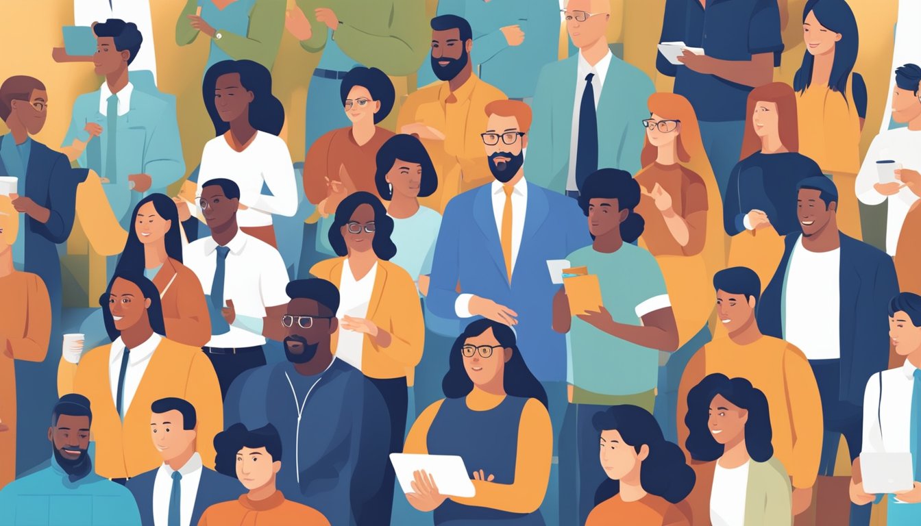 A diverse group of people engaging in various personal branding activities, such as networking, public speaking, and social media engagement