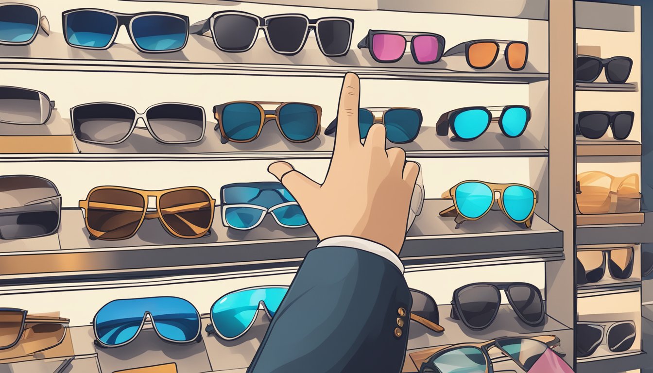 A man's hand reaching for Top Brands men's shades on a display