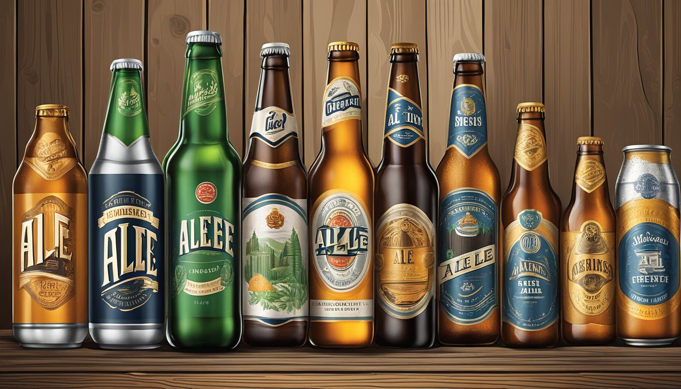Various ale beer bottles and cans are arranged on a rustic wooden table, showcasing different styles and brands. A variety of labels and designs catch the eye, representing the diverse world of ale