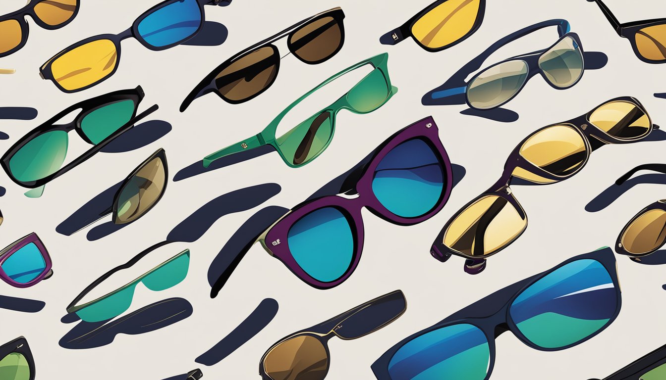 A display of branded men's sunglasses with a "Frequently Asked Questions" sign