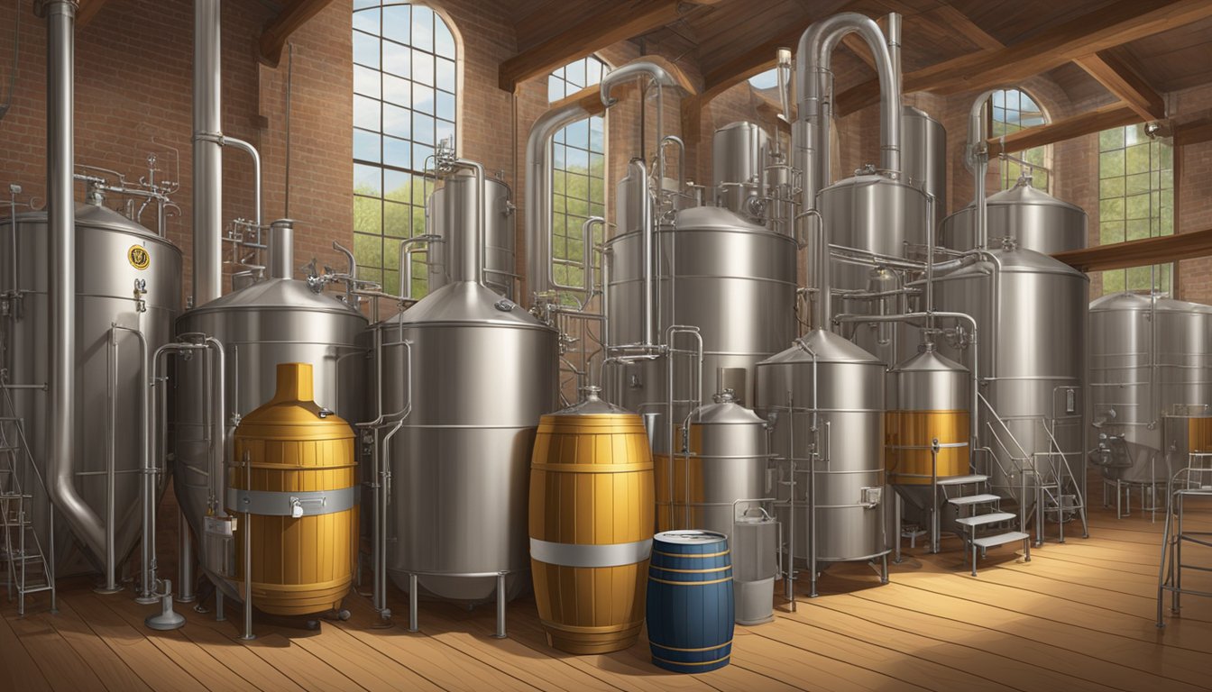 Various ingredients like hops, malt, and yeast are being carefully measured and mixed in large brewing tanks using traditional brewing techniques. The labels of different ale beer brands are displayed prominently in the background