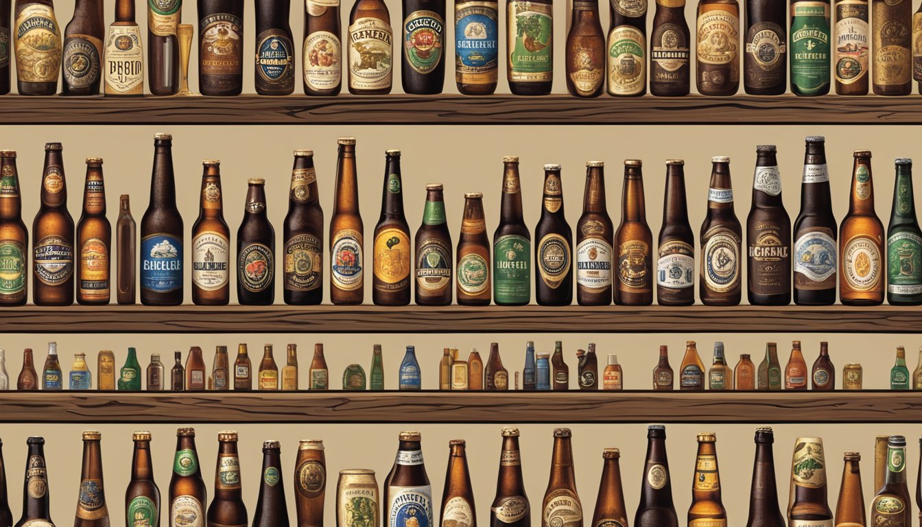 A row of iconic ale beer brand bottles lined up on a rustic wooden shelf, with their distinct labels and logos prominently displayed