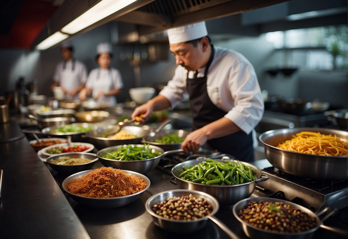A bustling kitchen with sizzling woks, aromatic spices, and colorful ingredients as a chef prepares traditional Szechuan dishes