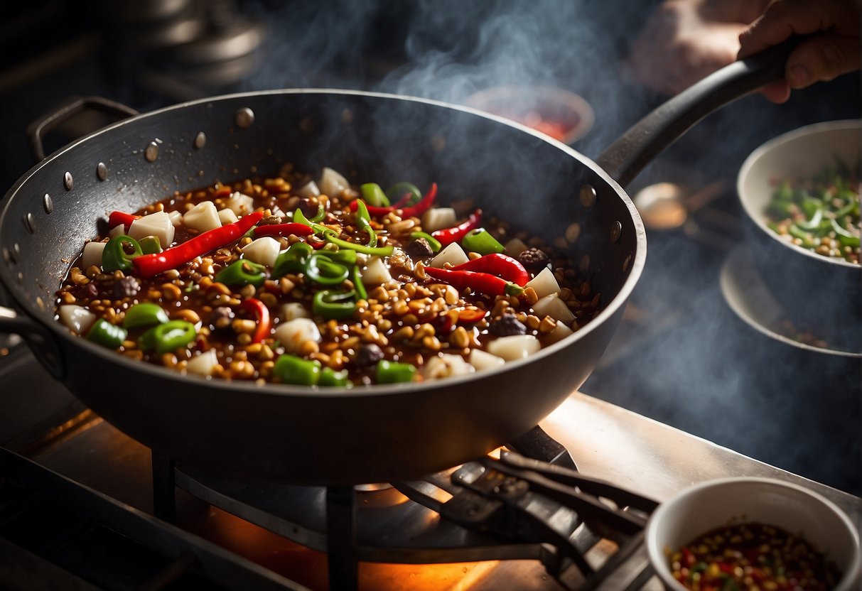 A wok sizzling with spicy Szechuan ingredients, steam rising, chopsticks and a wooden spatula nearby. Ingredients like Szechuan peppercorns, garlic, and chili peppers are visible