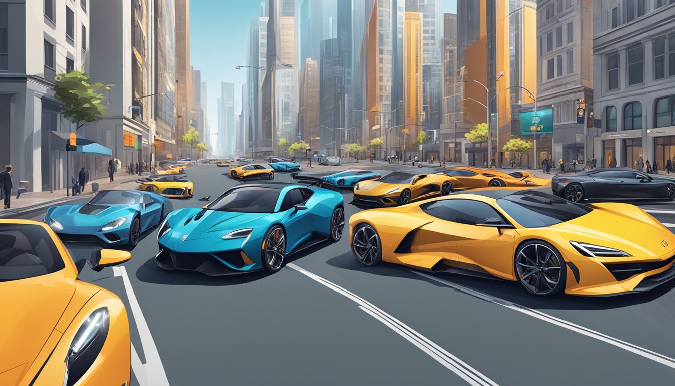 A bustling city street lined with various car brands, from sleek sports cars to rugged SUVs, all parked or driving along the road