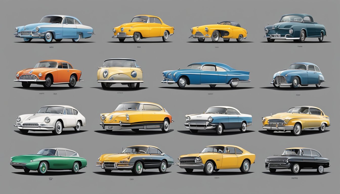 Various car brand logos displayed in chronological order, showcasing the evolution of car design and branding over time
