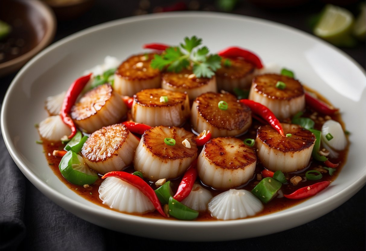 Sizzling scallops tossed in spicy Szechuan sauce, surrounded by vibrant red chili peppers and fragrant garlic and ginger