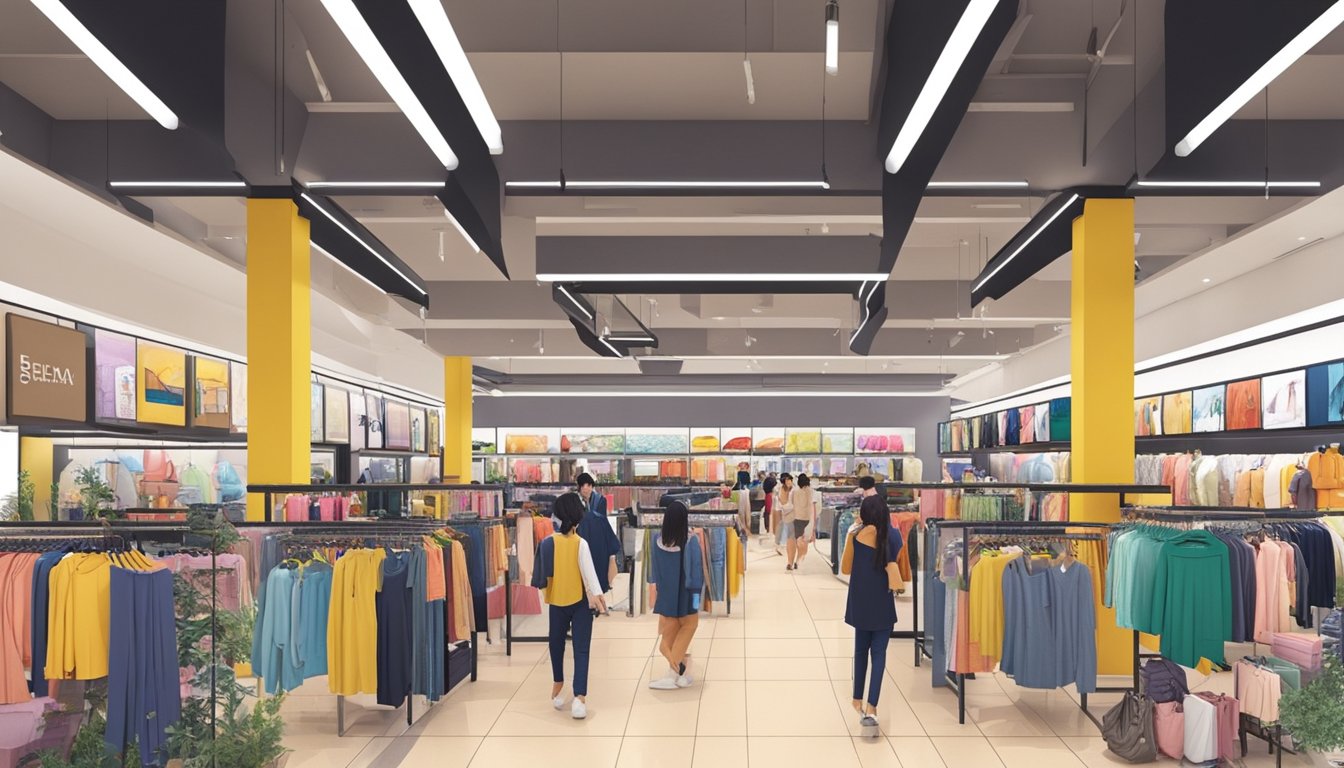 The Brands Outlet at Mid Valley is bustling with shoppers browsing through racks of clothing and accessories. The store is brightly lit and neatly organized, with colorful displays and promotional signs catching the eye of passersby