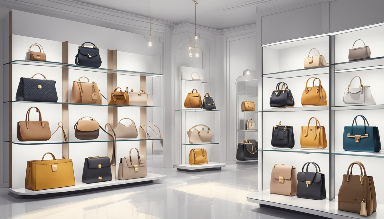 A display of luxury handbags from popular brands arranged on a sleek white table in a well-lit boutique showroom
