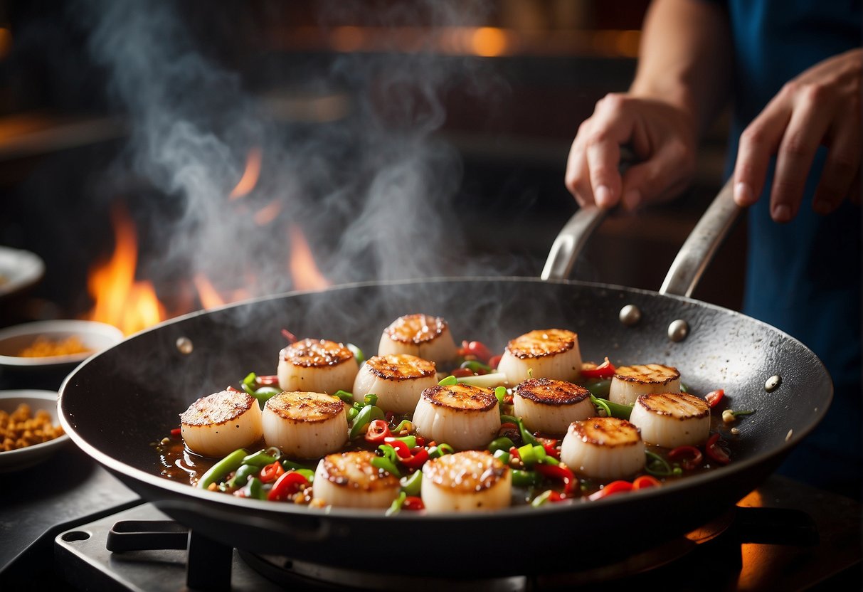 Sizzling wok with seared scallops, chili peppers, and Szechuan peppercorns. Steam rises as chef adds garlic and ginger