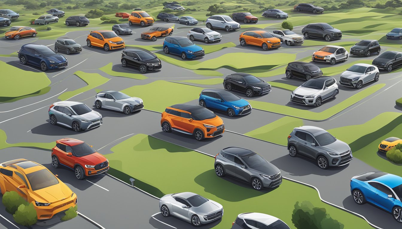 A vast geographical landscape showcasing all car brands, with various vehicles spread out across the terrain