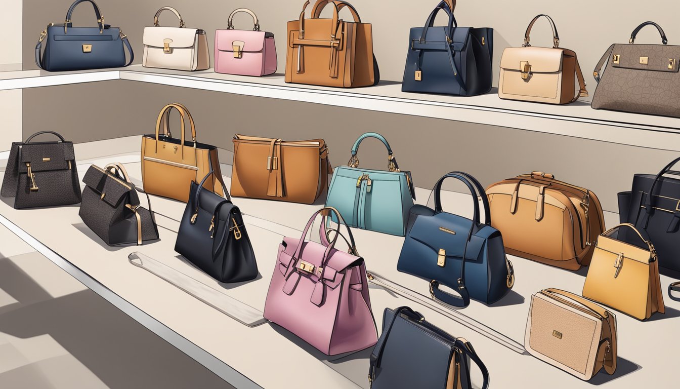 Various handbag styles and materials displayed in a trendy setting, showcasing popular brands