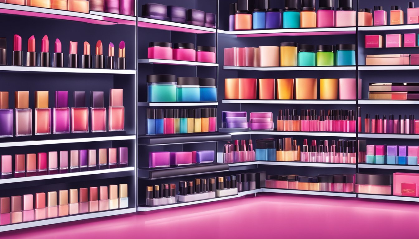 Various American makeup brands displayed on shelves, with colorful packaging and bold logos. Bright lights illuminate the products, creating an inviting and glamorous atmosphere
