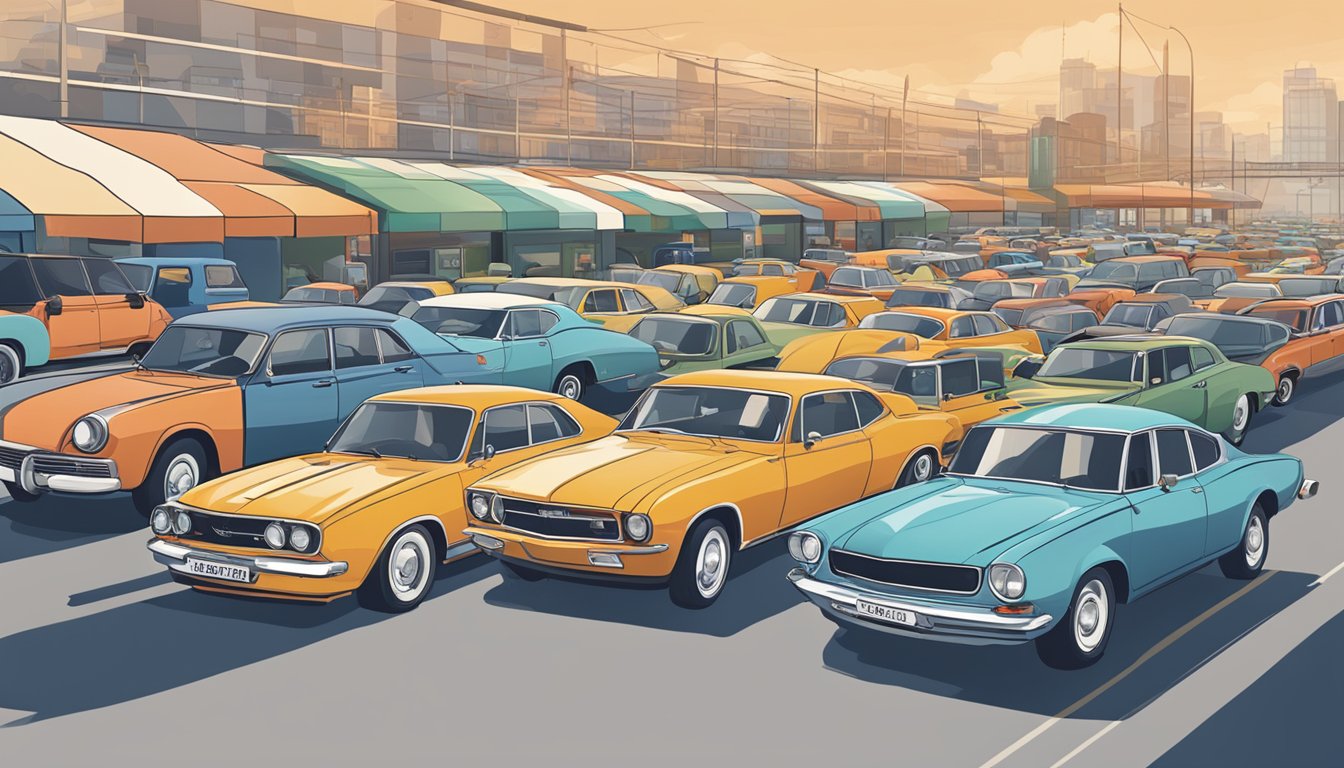 Various cars line up in a market, showcasing different brands and types. The scene depicts market segmentation in the car industry
