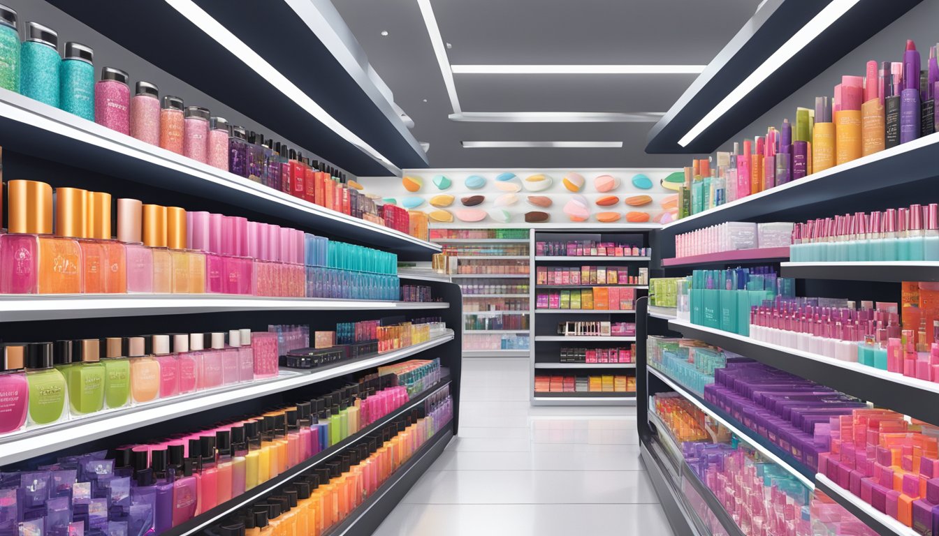 Vibrant displays showcase iconic American makeup brands on shelves and counters, with bold logos and sleek packaging catching the eye