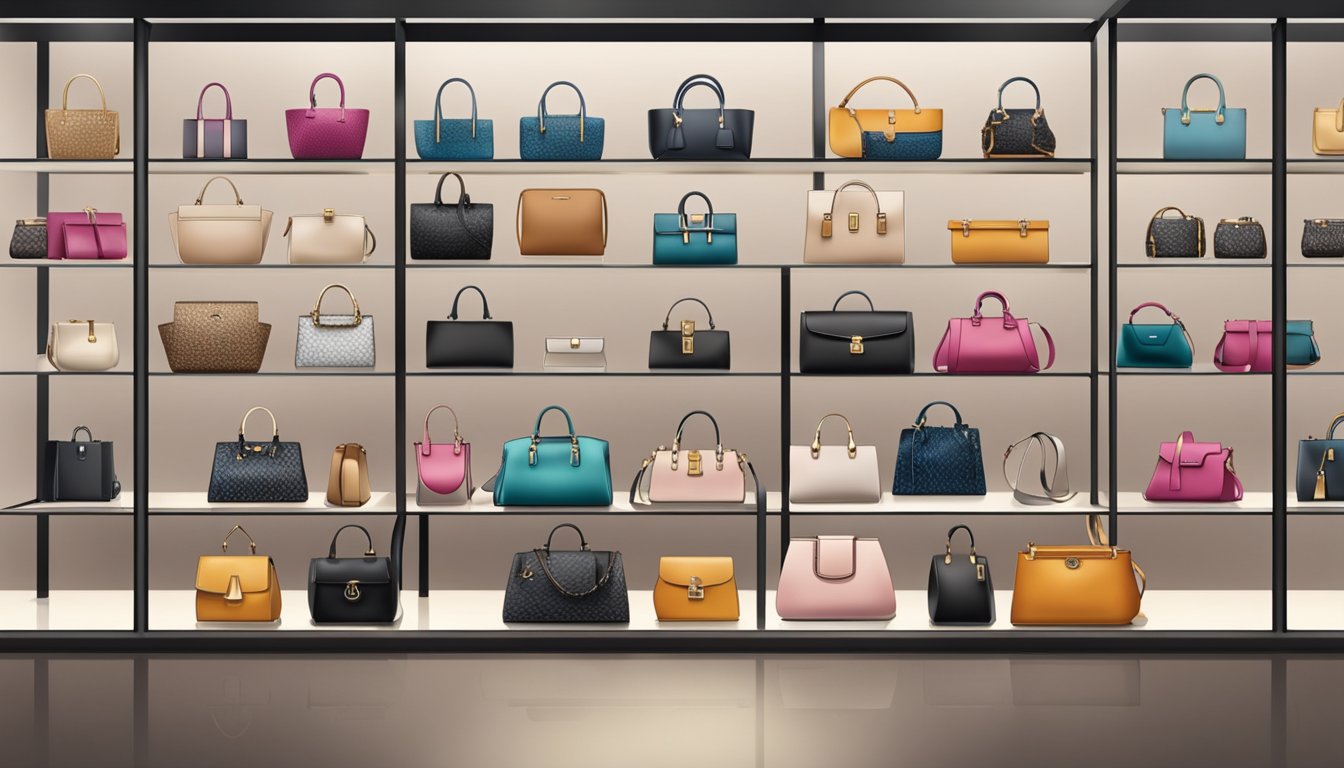 A display of elegant handbags, featuring popular affordable luxury and mid-range brands, arranged on sleek shelves in a modern boutique setting