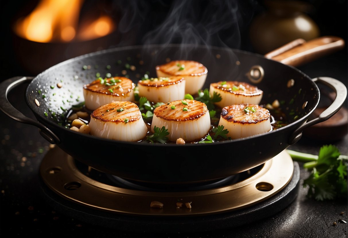 Sizzling scallops in a wok with garlic, ginger, and Szechuan peppercorns. A splash of soy sauce and a drizzle of sesame oil add depth to the aroma