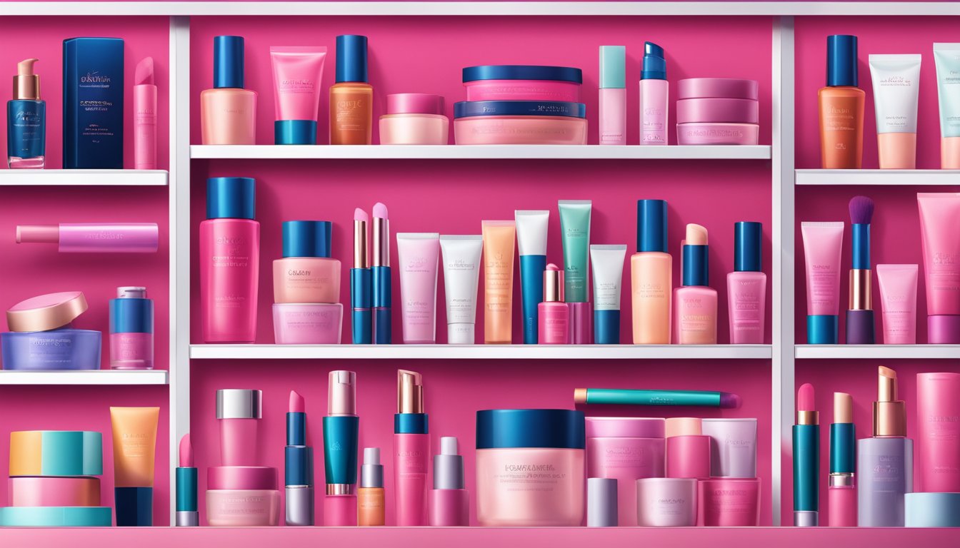 A display of American beauty products, including makeup brands, arranged on shelves with sleek packaging and vibrant colors