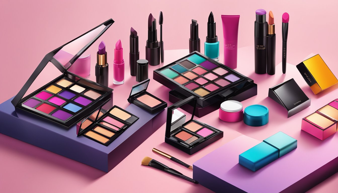 A display of vibrant, modern makeup products with sleek packaging and bold colors, arranged in a clean and organized manner